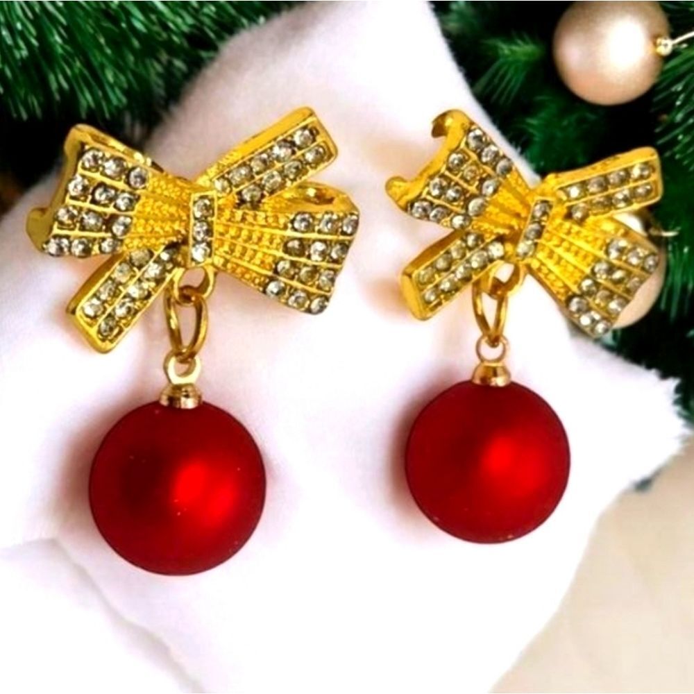 Red Ornament Bulb Rhinestone Bow Holiday Earrings Dangle Pierced Ears Jewelry